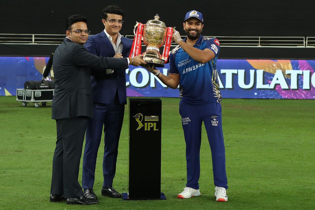 Rohit Sharma lifting his fifth IPL trophy as captain