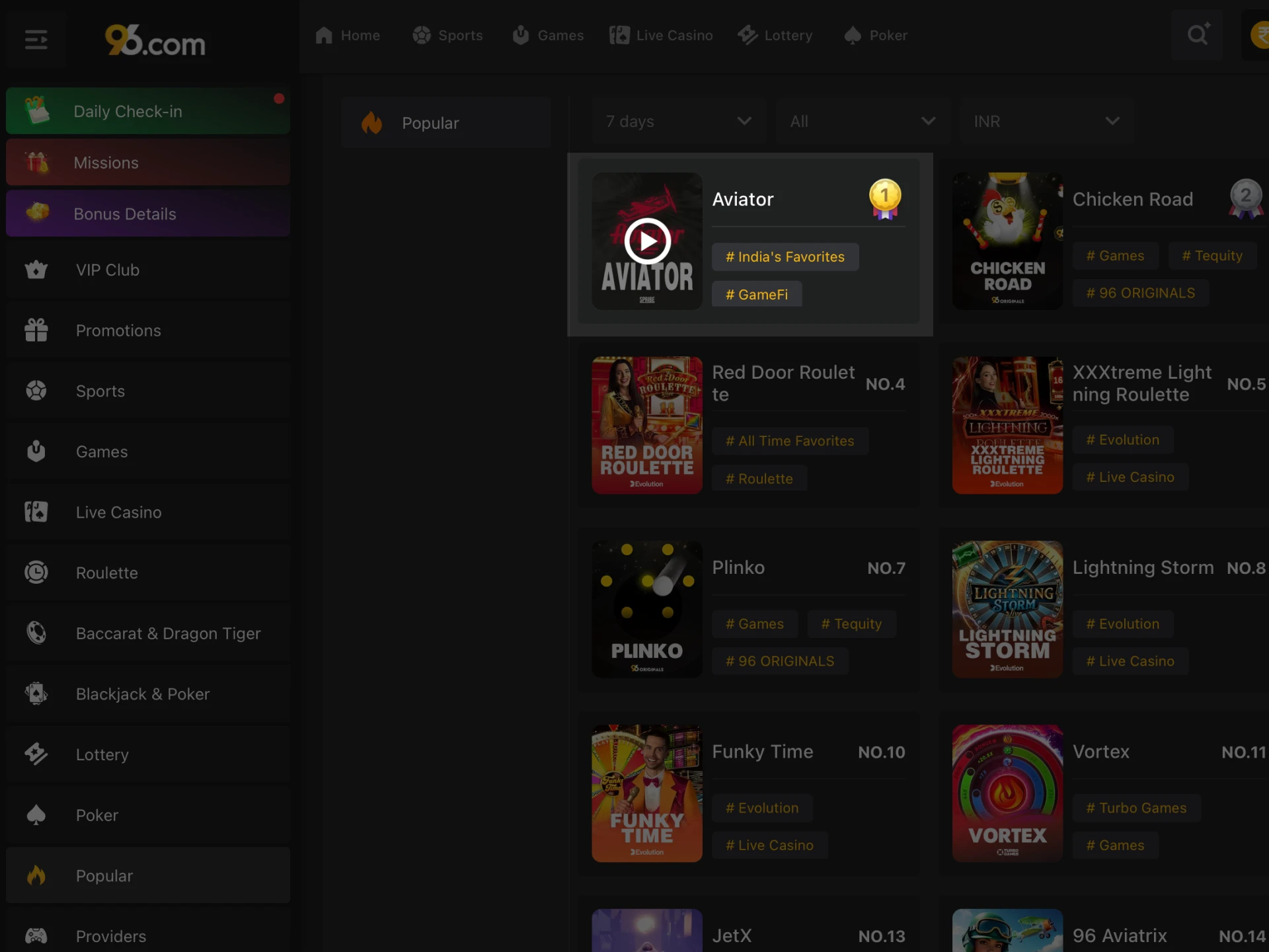 Open the Games menu on 96In and search for Aviator to start playing.