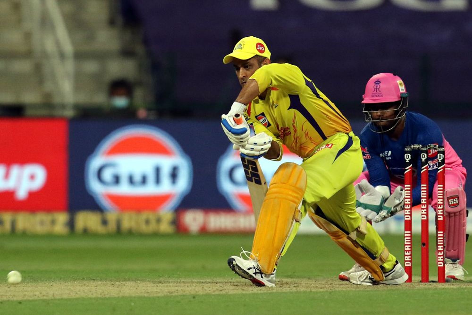 Dhoni playing a defensive shot