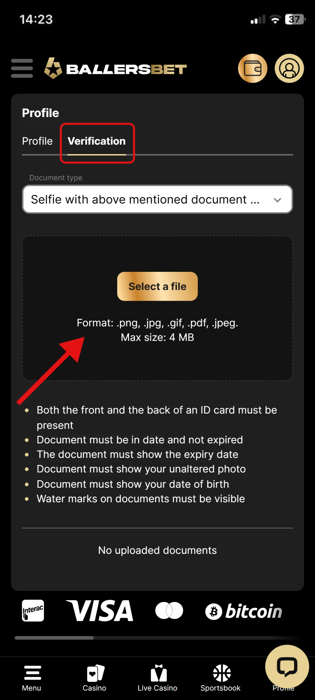 Complete account verification by uploading a Passport or ID card.