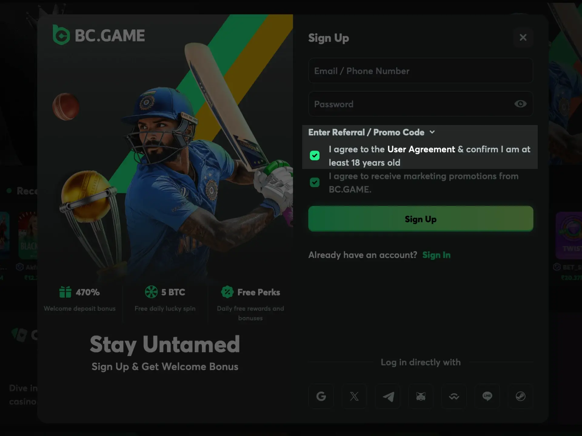 Confirm age 18+, accept agreement, enter promo code for bonuses