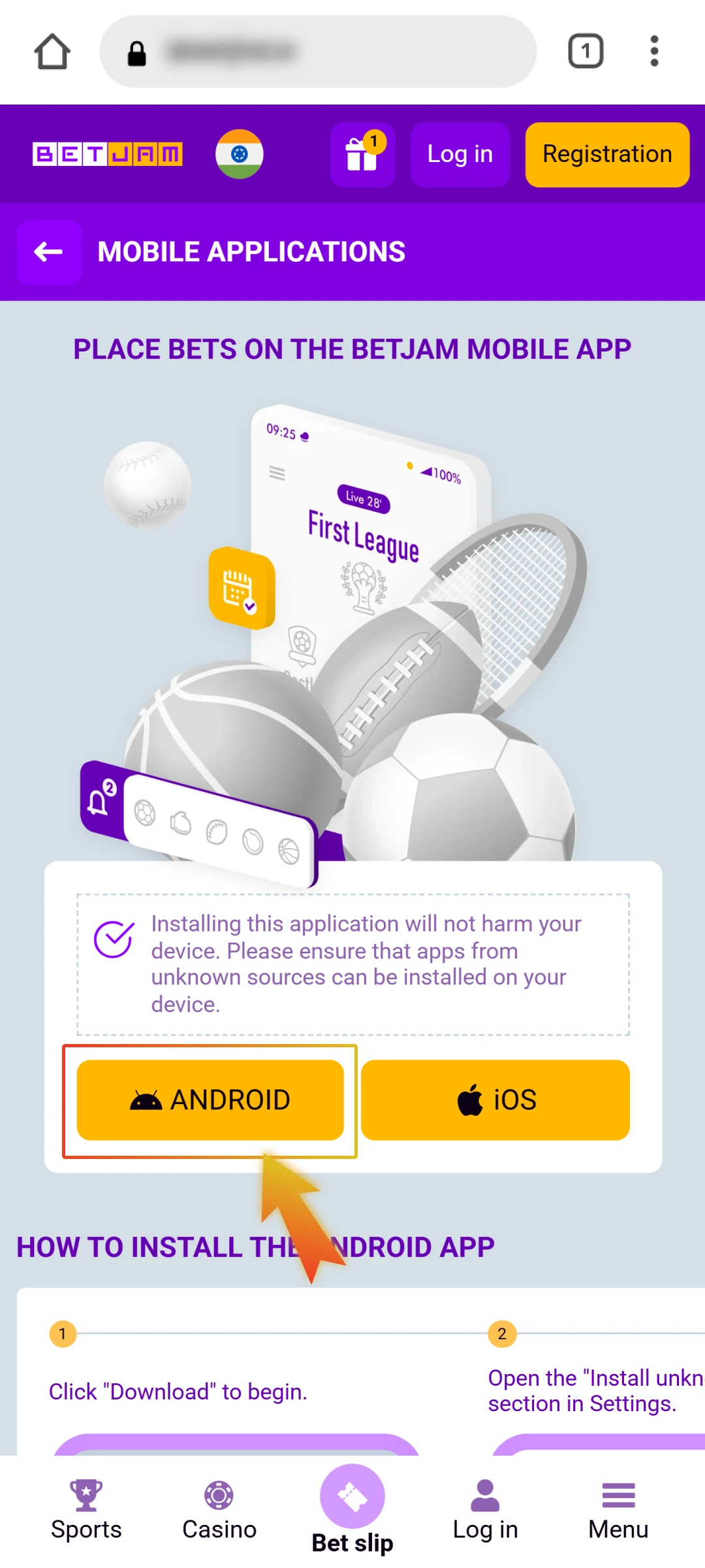 In the mobile section, select the option to download Betjam apk.