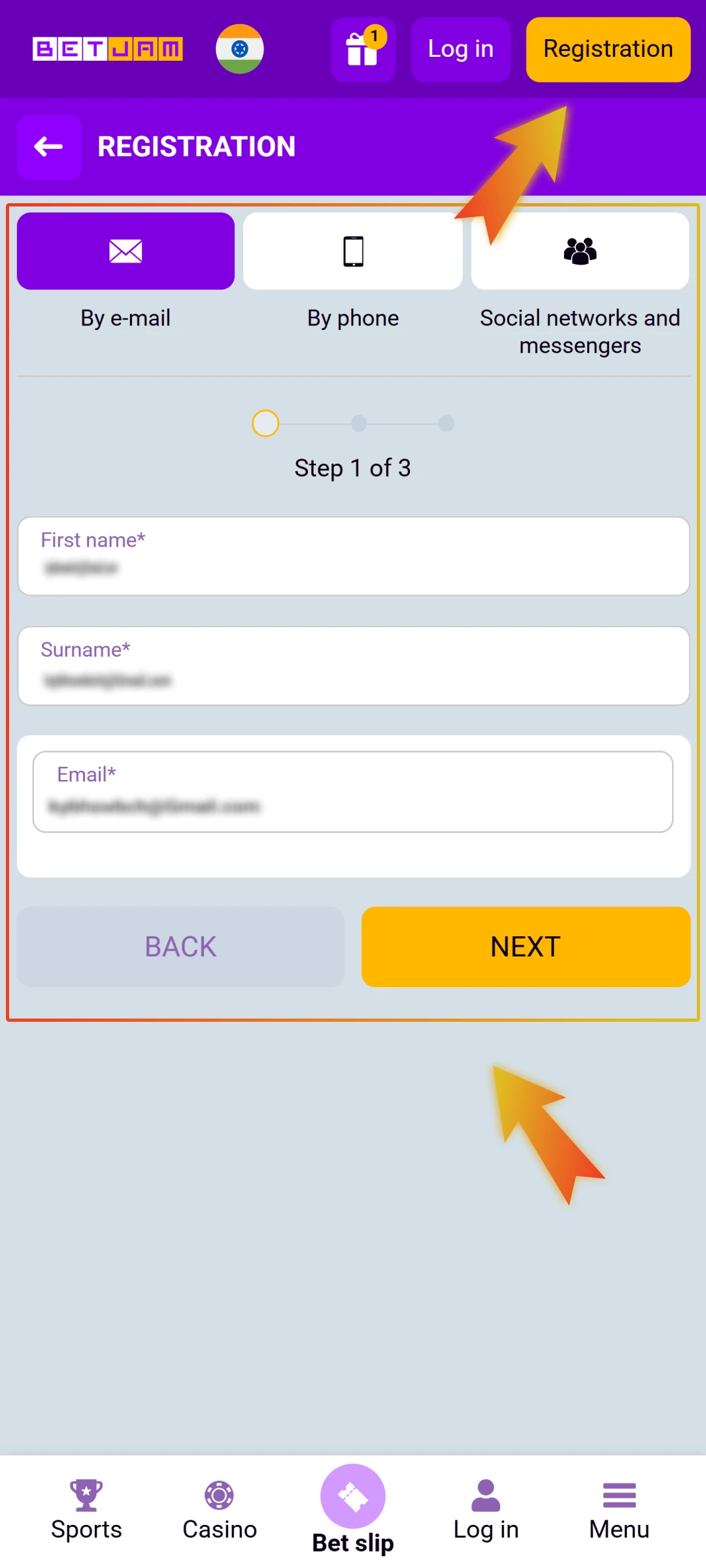 Players need to open the Betjam app and complete the registration form by adding basic personal details.