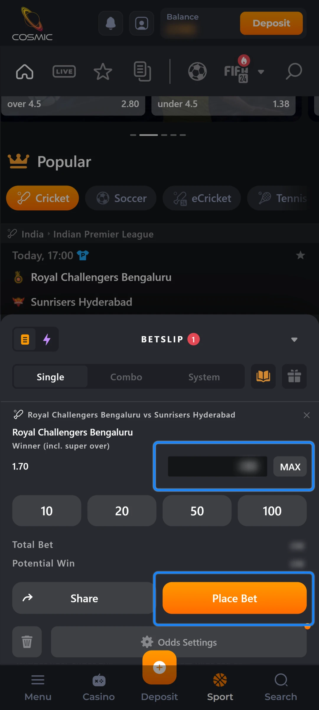 Type the stake and confirm.