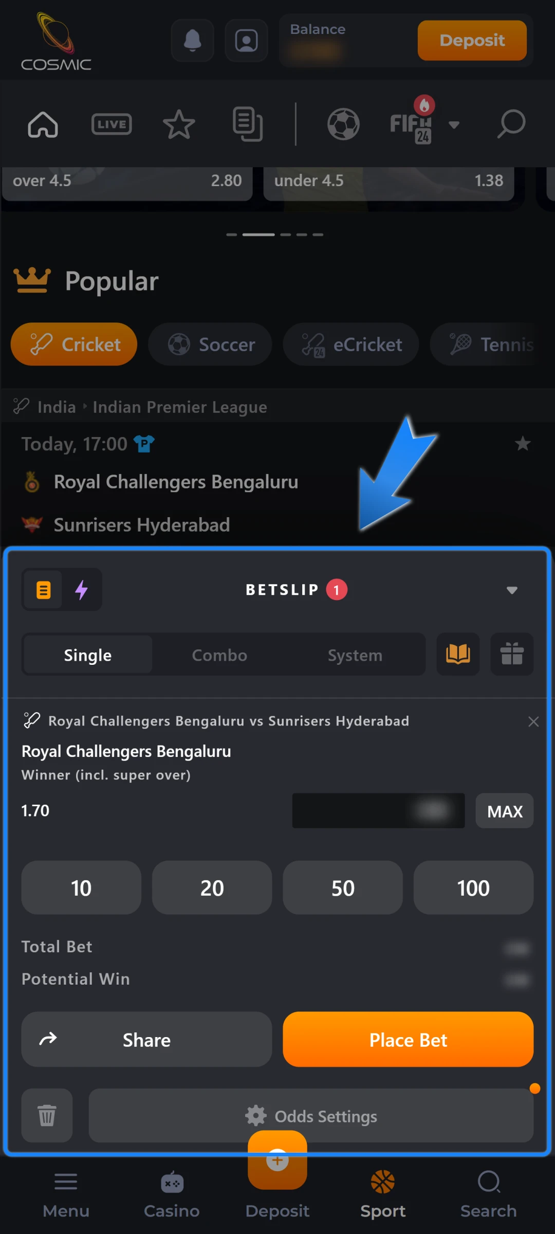 The system adds the choice to the bet slip.