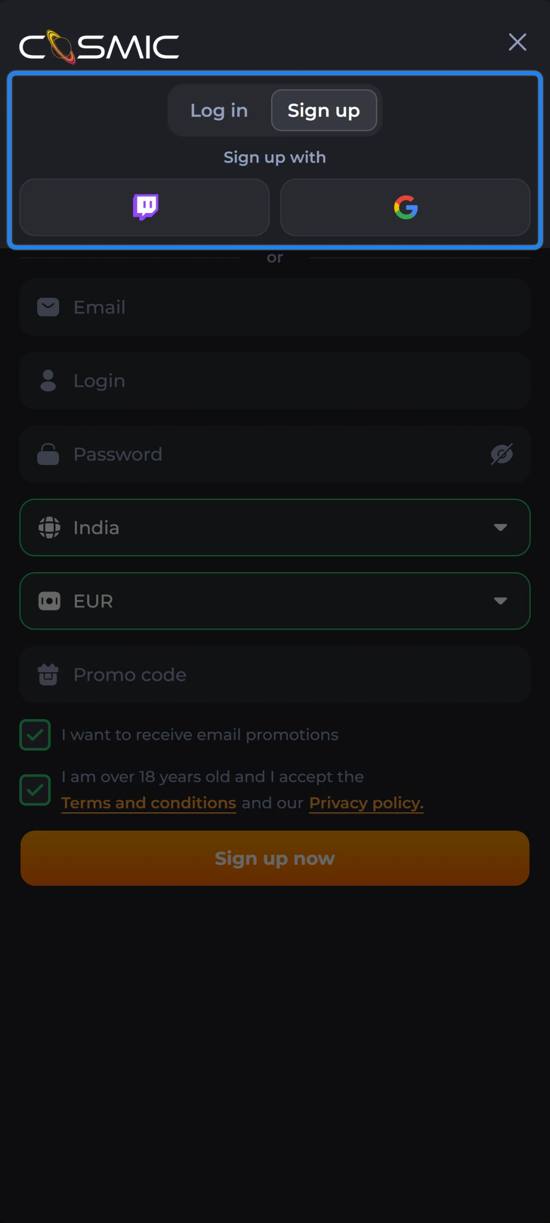 Pick one of the three methods: Twitch, Gmail, or E-mail.