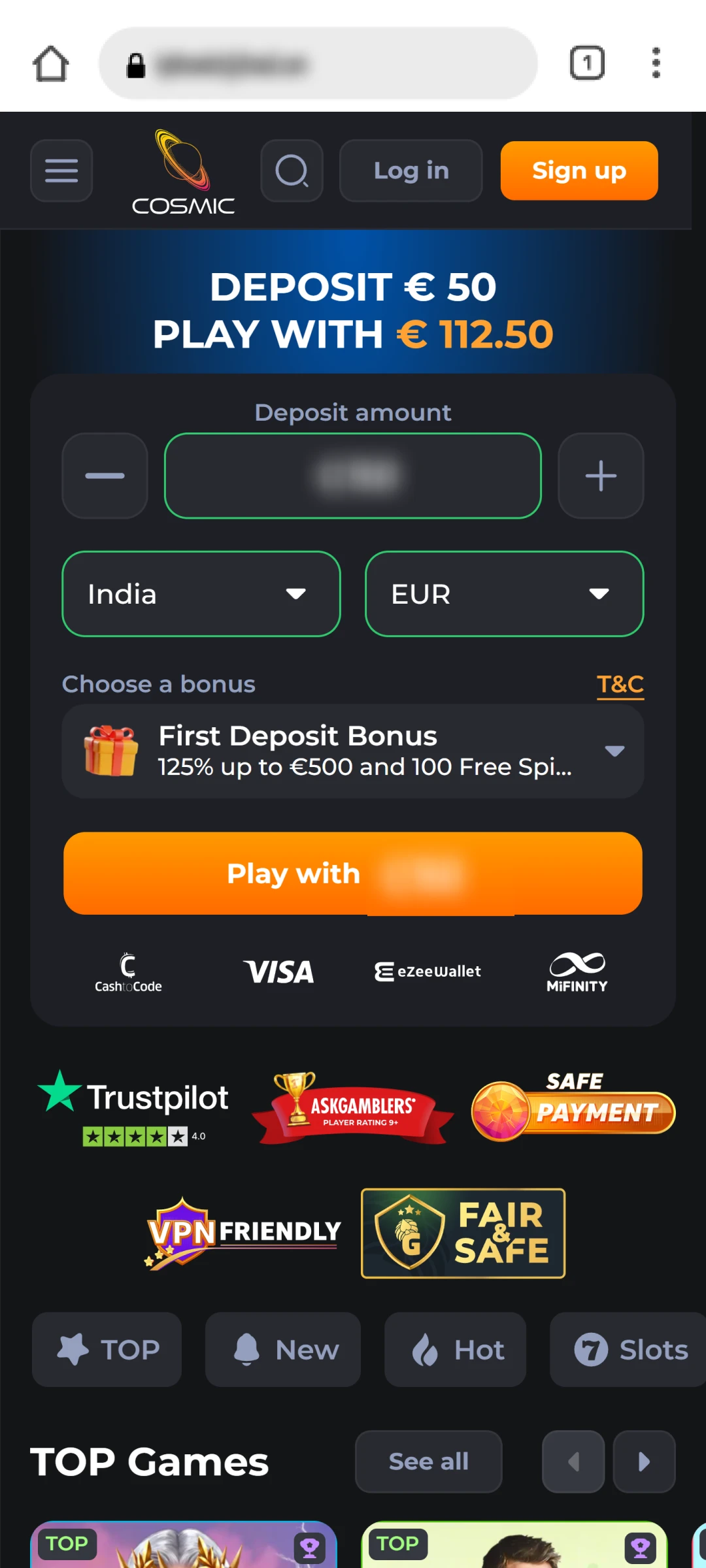 Open the Cosmicslot website in a browser like Chrome.