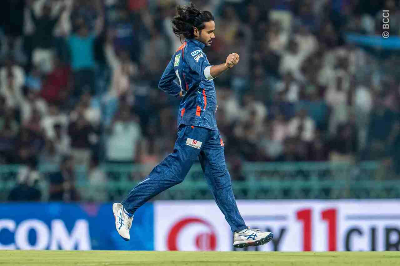 Digvesh Rathi celebrates after dismissing Abhishek Sharma in the LSG vs SRH game in Lucknow.