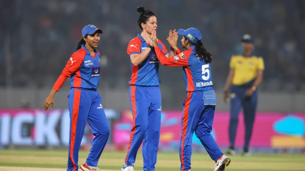 Marizanne Kapp celebrates a dismissal with her Delhi Capitals teammates in the game against UP Warriorz in the WPL in Vadodara.