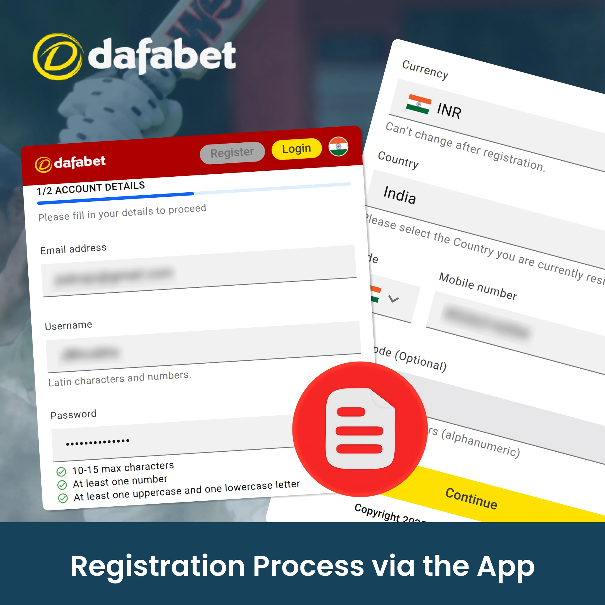 The registration process in the Dafabet app.