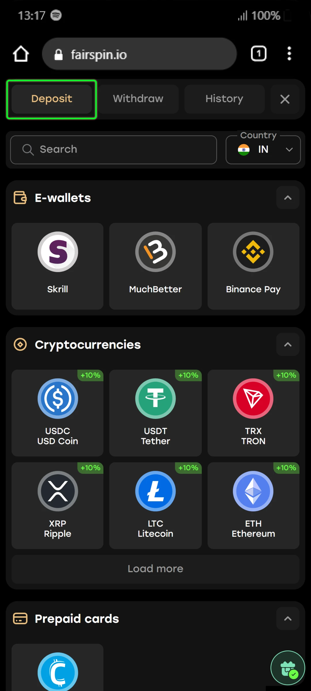 Add funds to the account through the available payment methods.