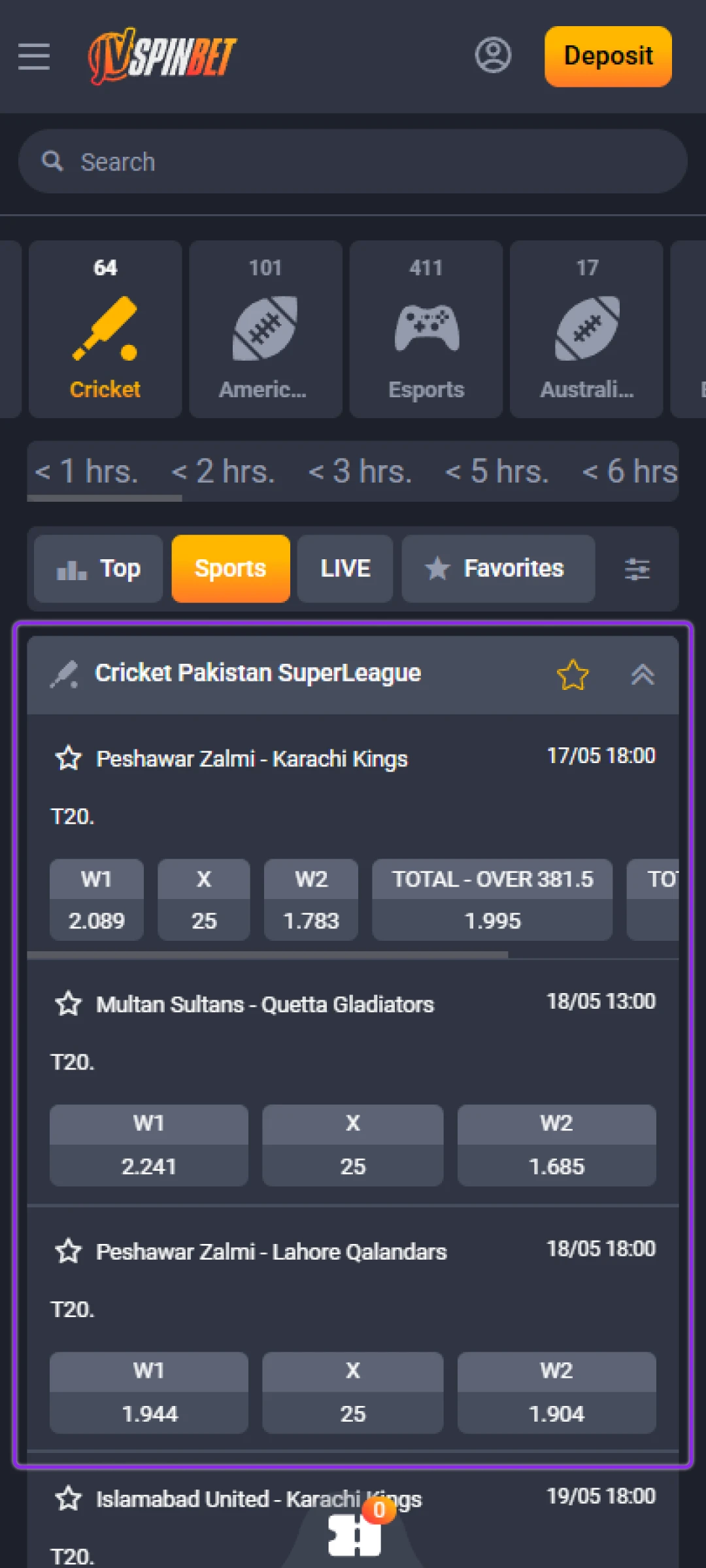 Browse through various sports or events.