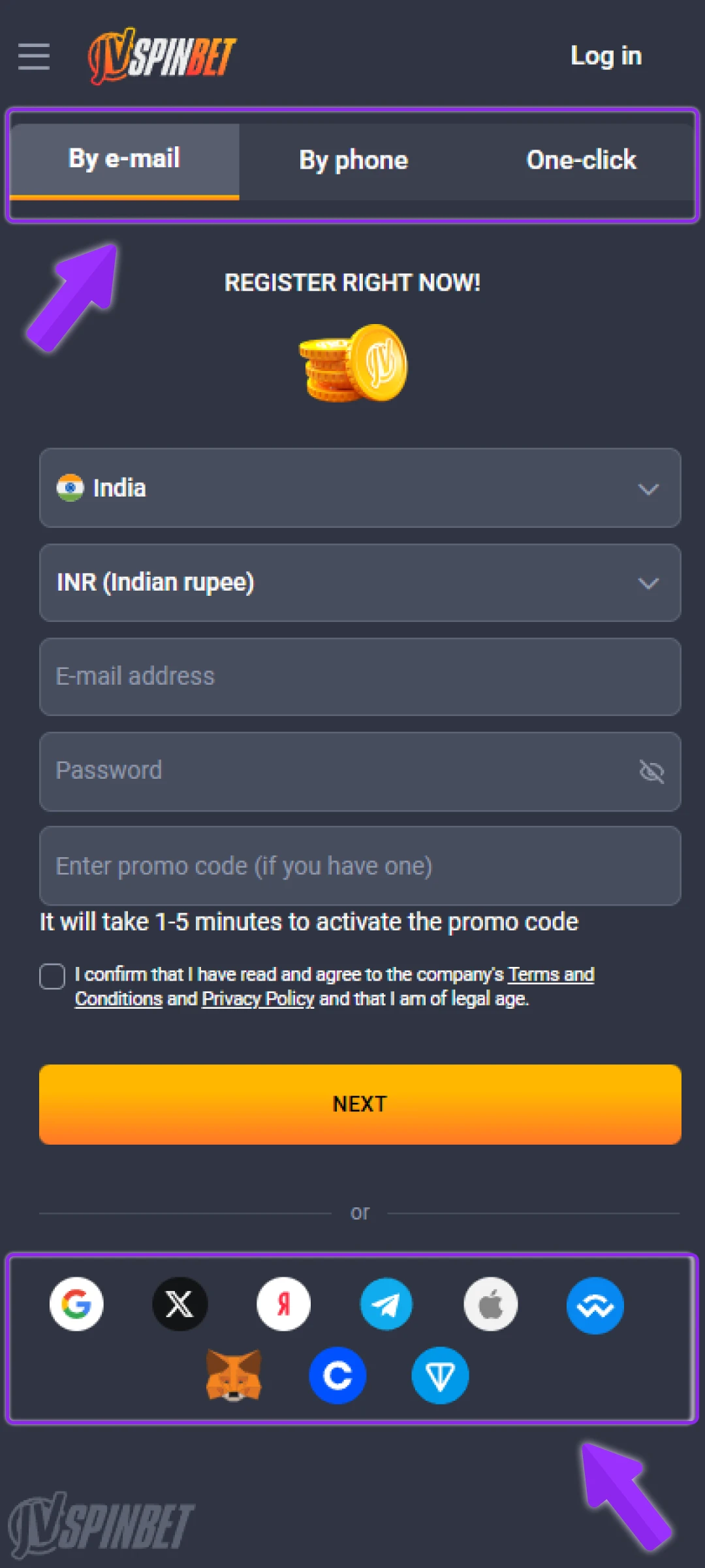 Choose one of these registration methods: email, phone, 1-click, or connect through a social media account.