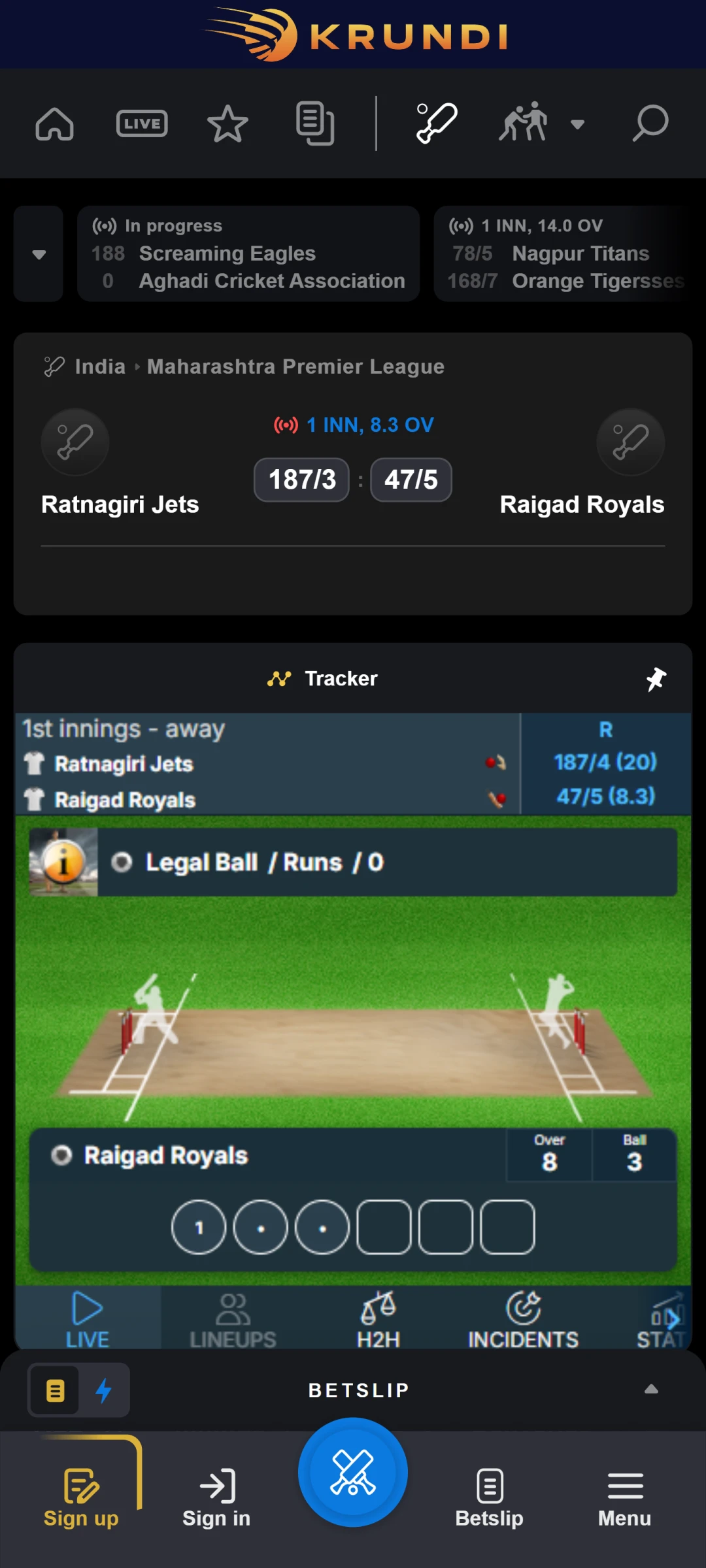 Select a Game or Match for Betting on Krundi mobile App.