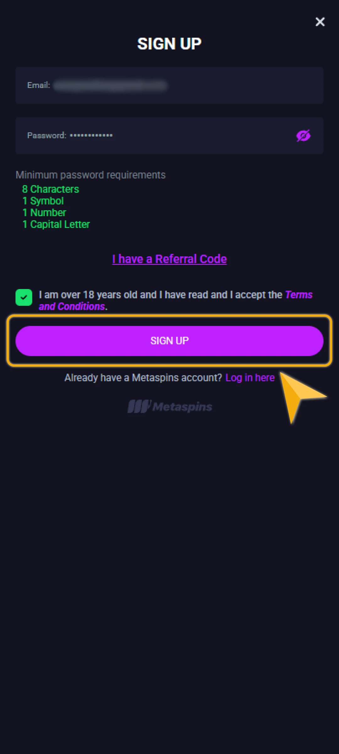 Press the sign up button to send the registration form.