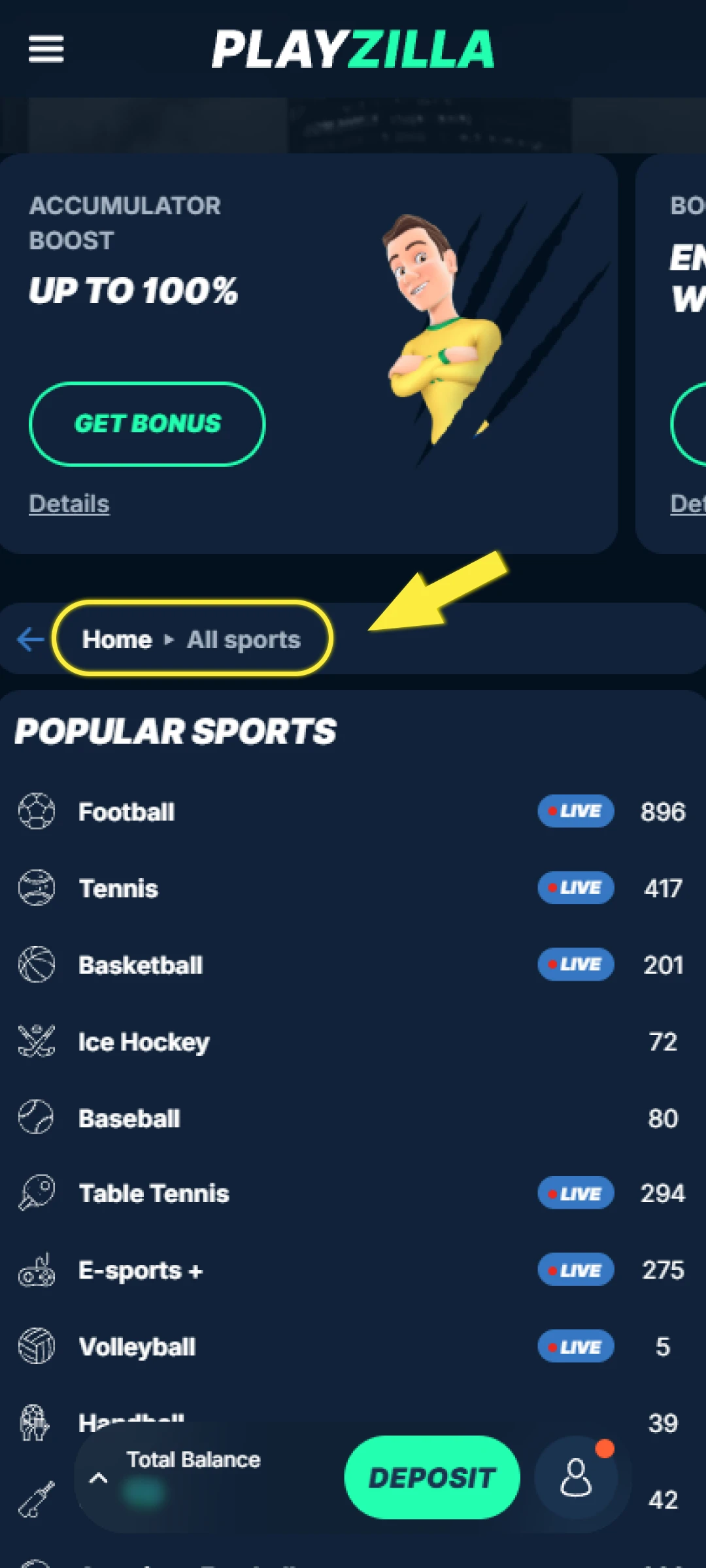 Browse through the available sports and select the one you want to bet on.