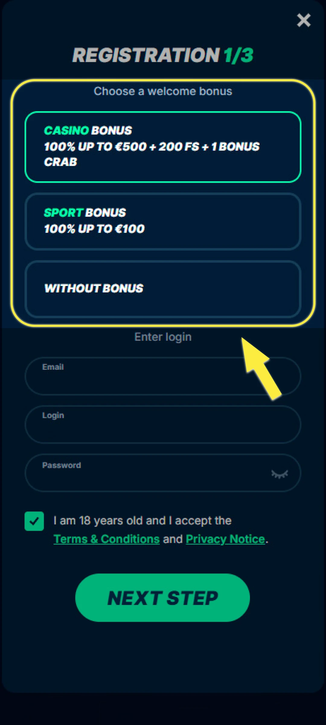 Select a welcome bonus.