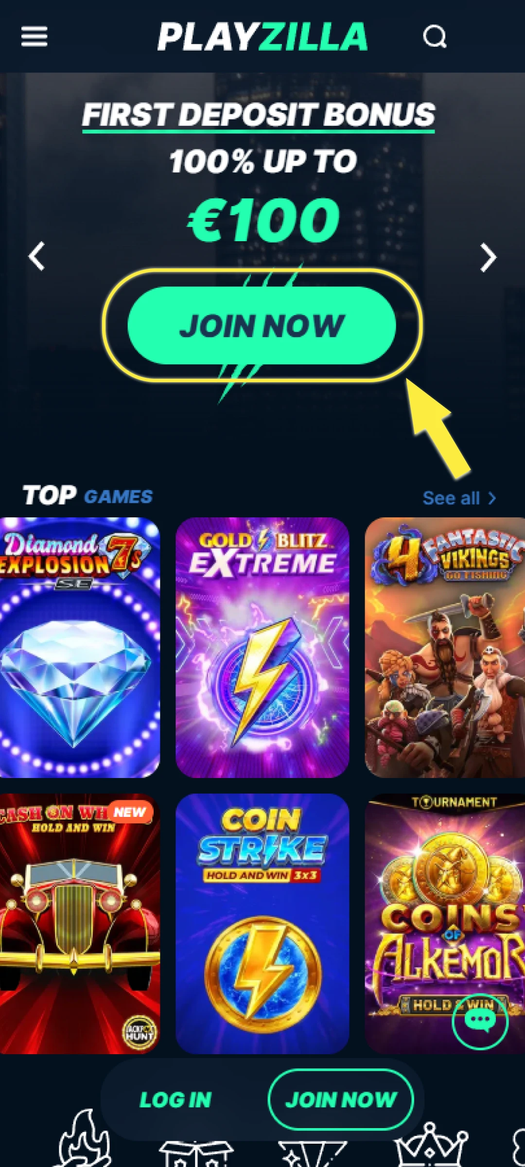 Open the official PlayZilla India website and click "Join Now".