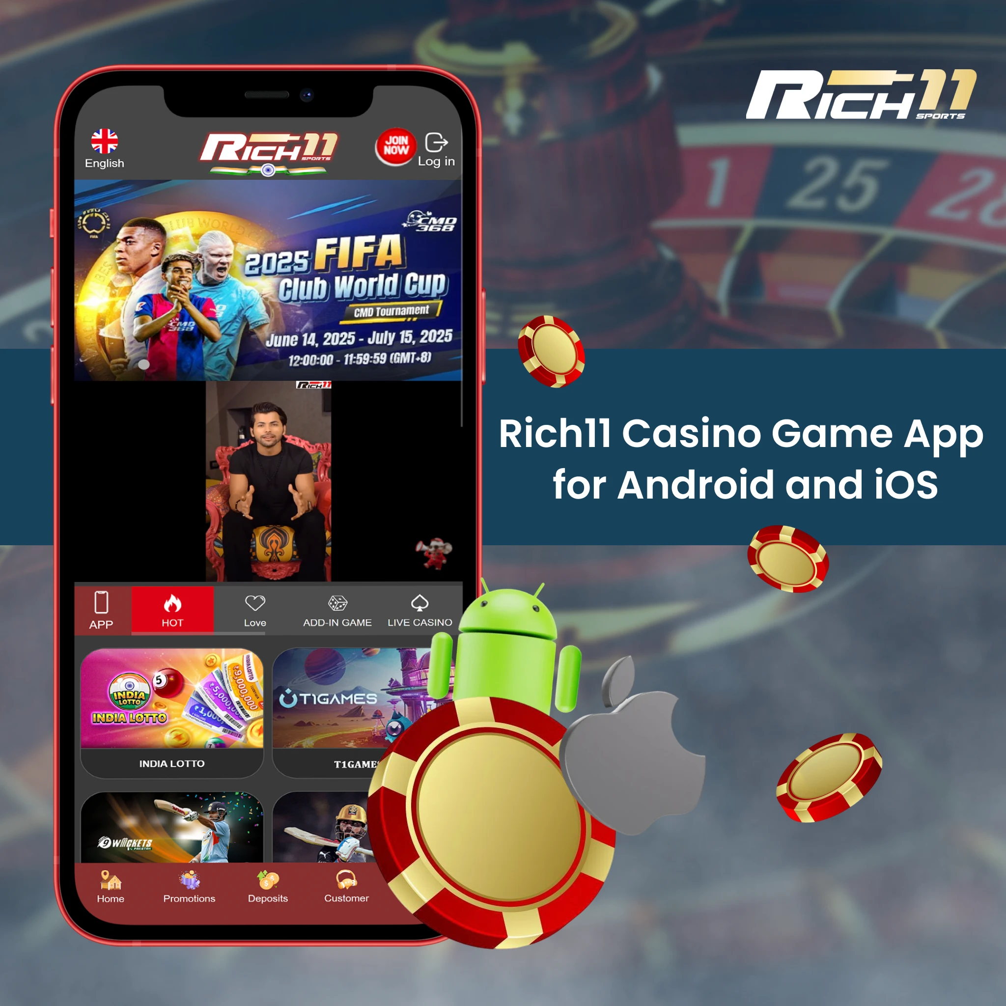 Rich11 Casino Game App for Android and iOS.