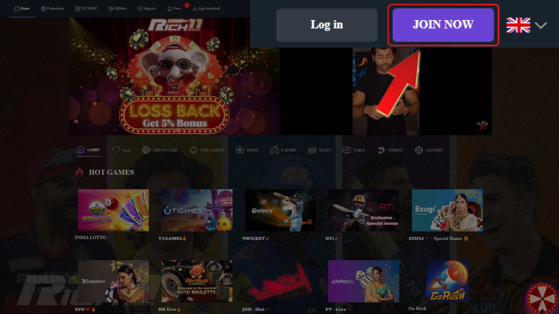 Visit the Official Rich11 Website and Click “Join Now”.