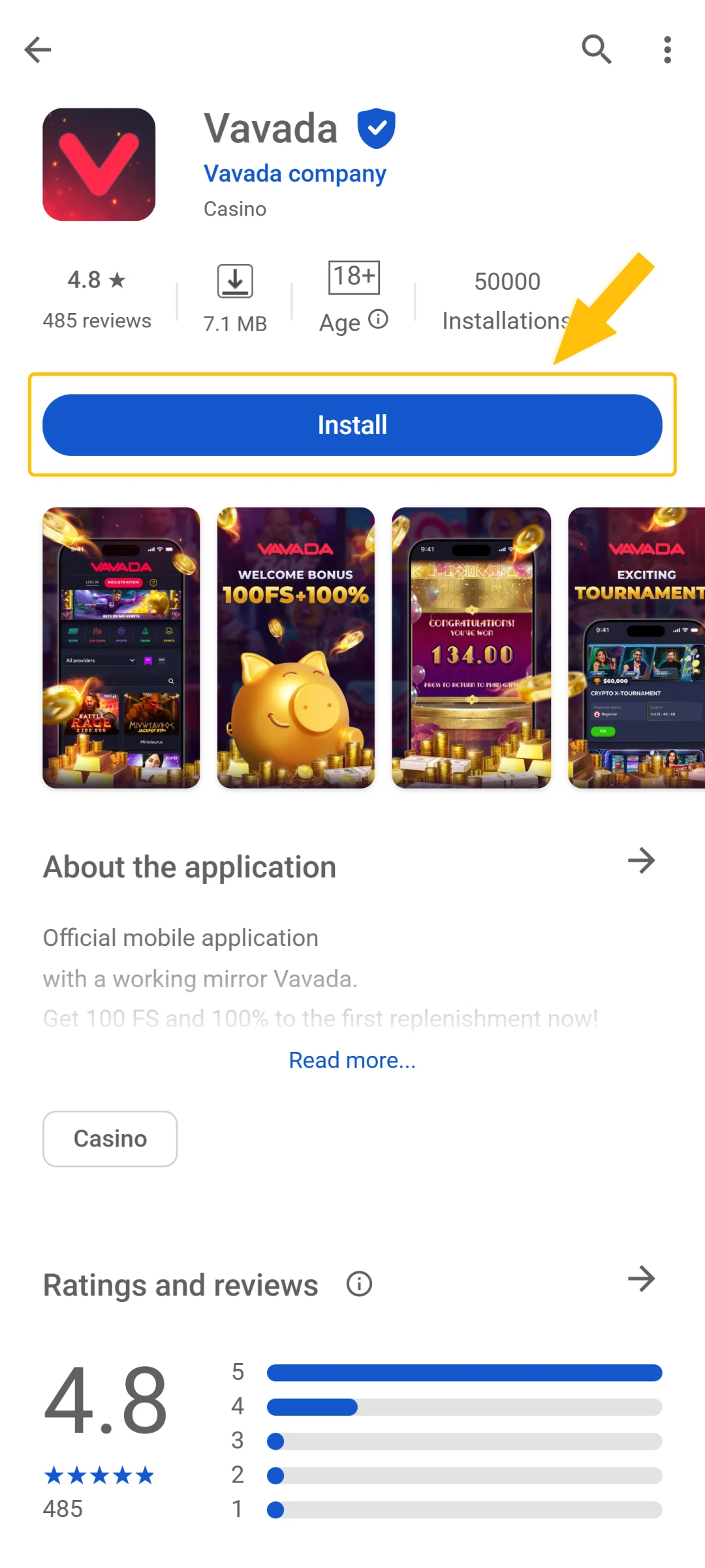 Vavada app download page.