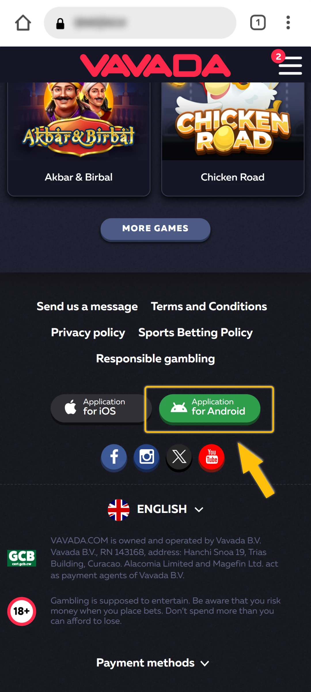 Android icon on Vavada official website.
