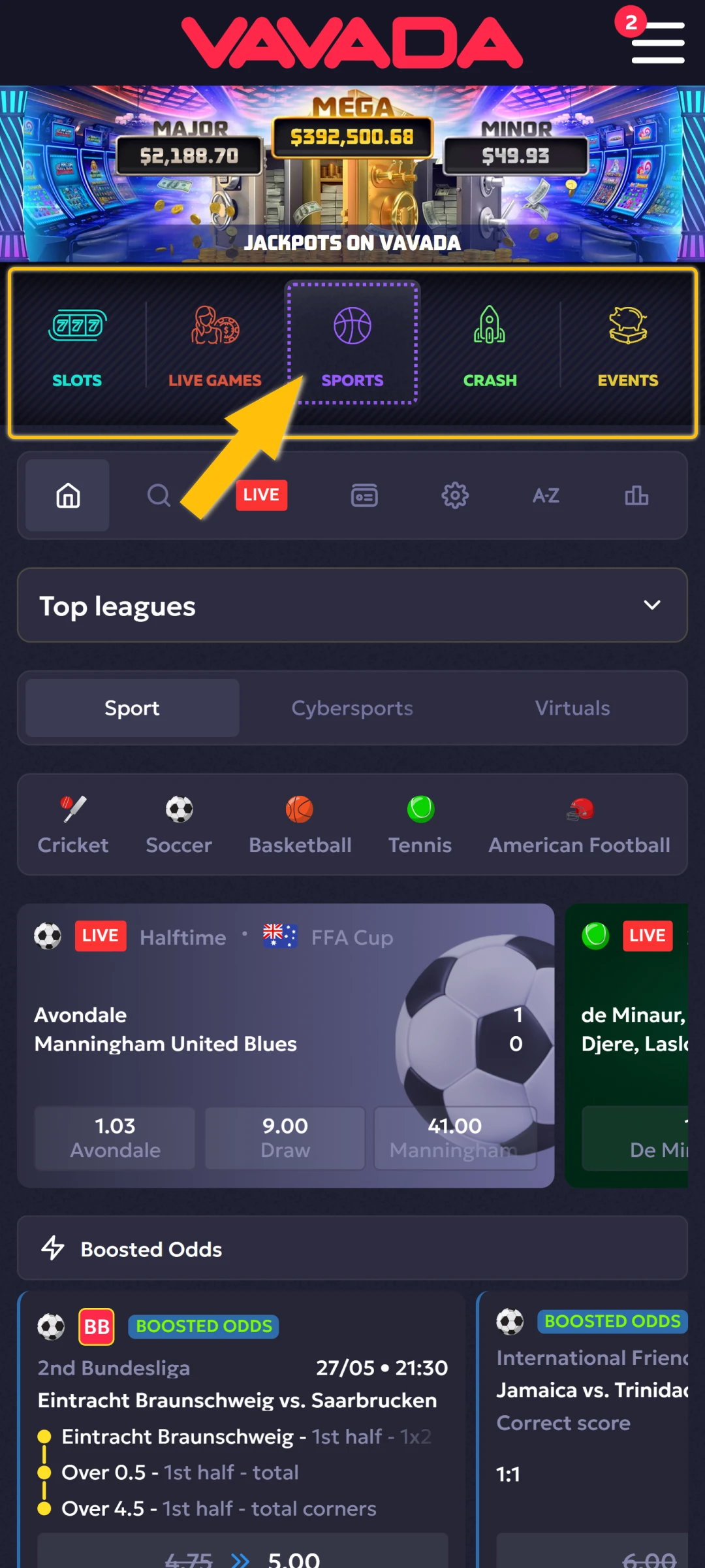 Betting section on Vavada website.
