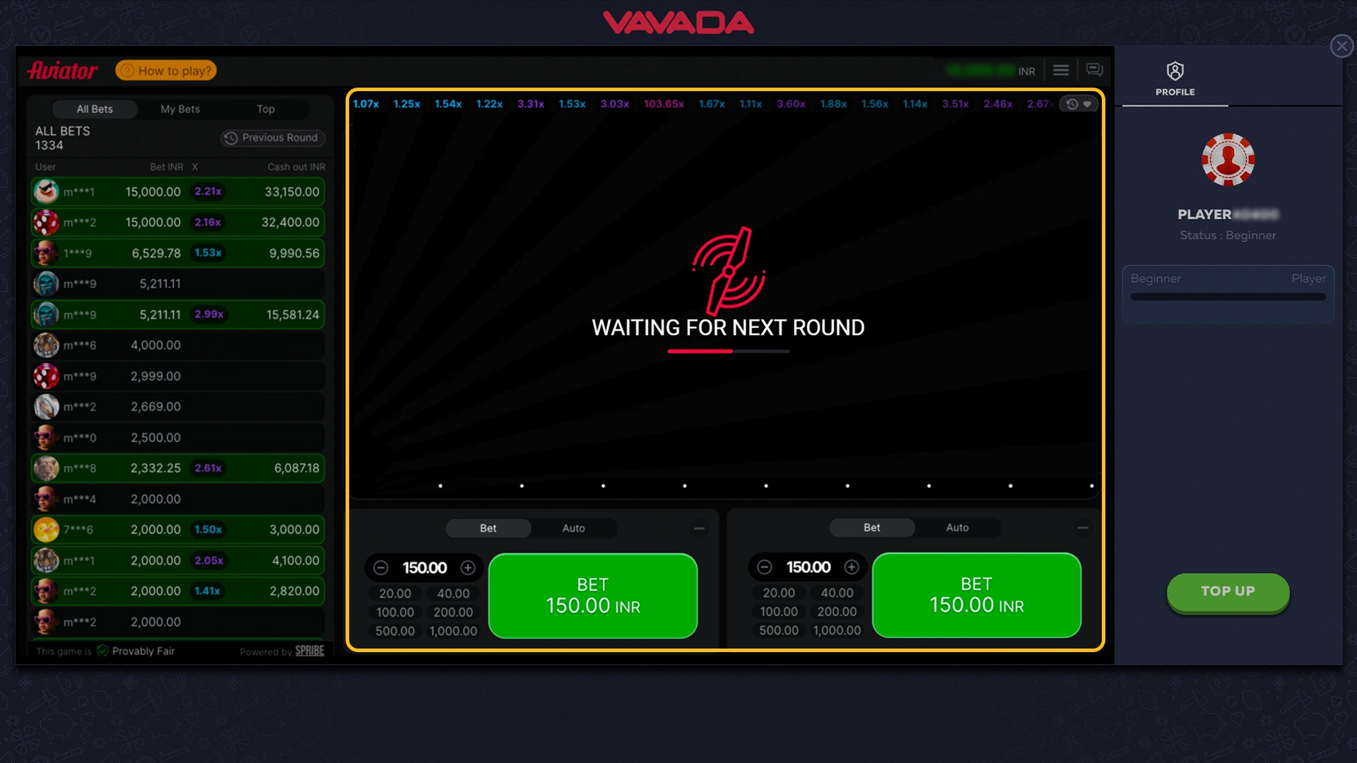 Make a bet in the aviator Vavada game.
