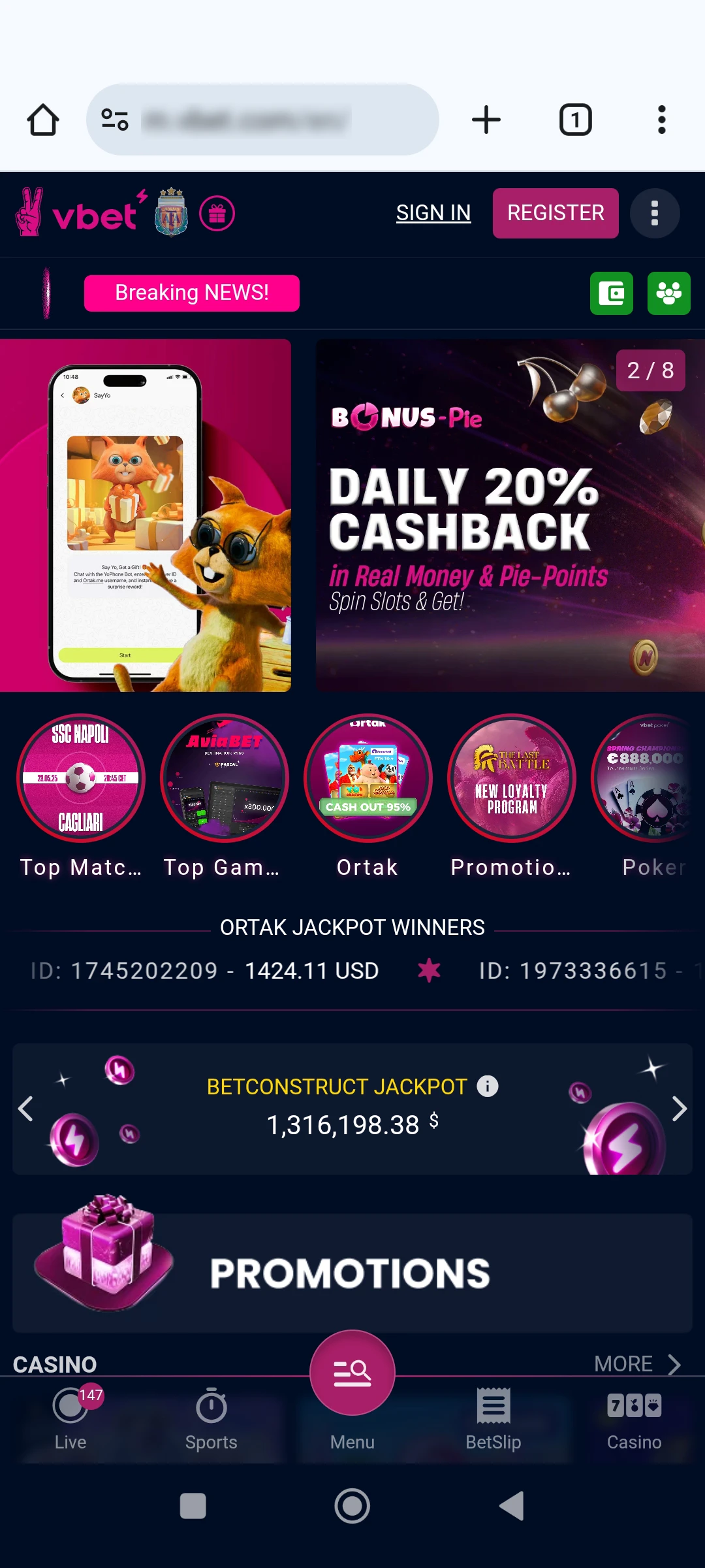 Main page Vbet mobile website.