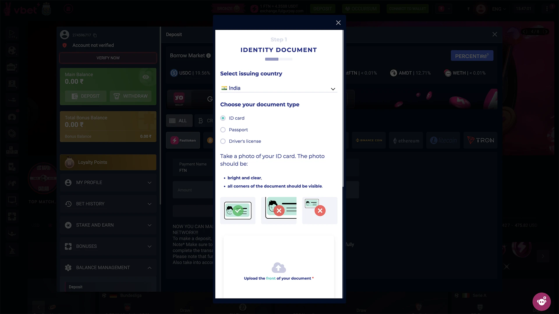 Account verification window on Vbet website.