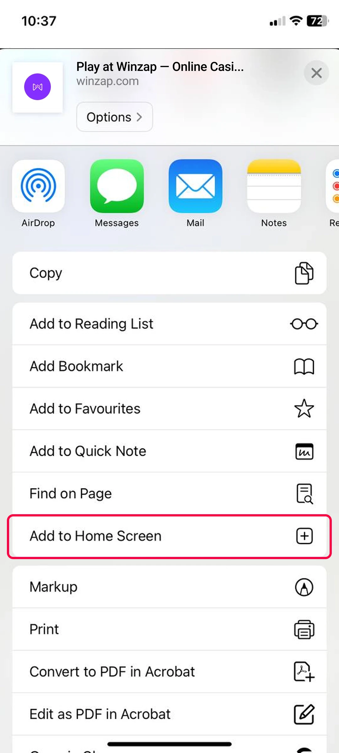 From the options, select “Add to Home Screen.”
