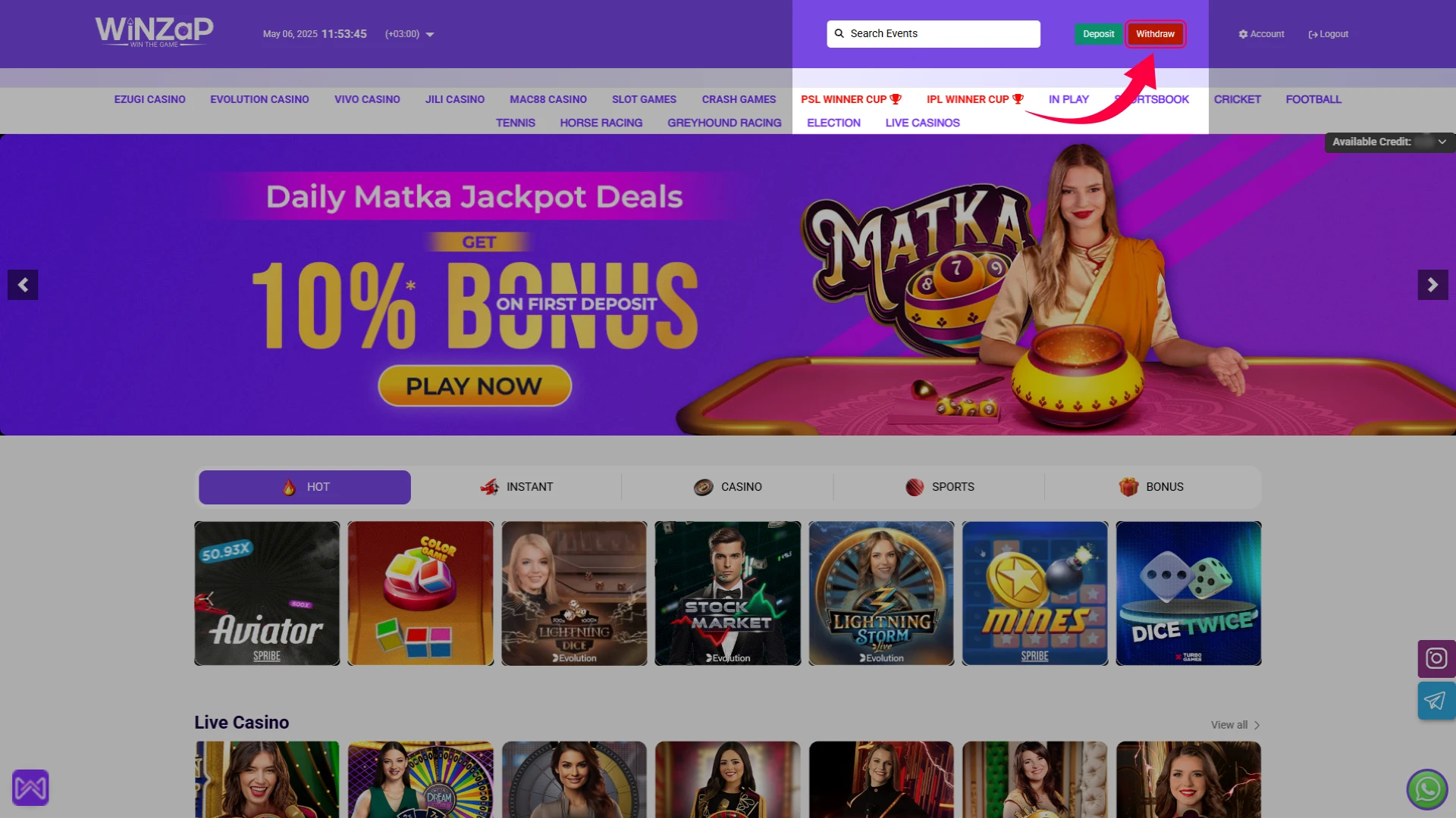 Click on Withdraw at the top right of the homepage to go to the Withdraw page.